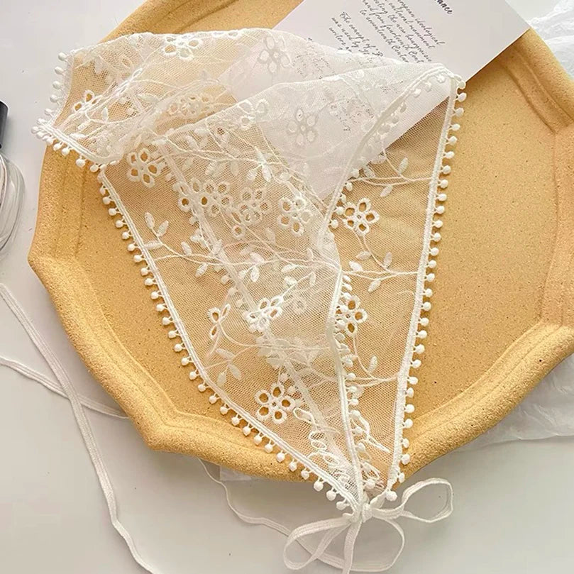 White Woven Floral Lace Hair Scarf Wraps Women Retro Triangle Headscarf Hat Travel Photo Headband Hair Accessories - Color 9G
