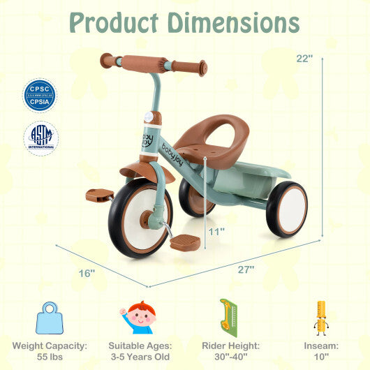 Toddler Tricycle Kids Trike with Adjustable Seat and Basket Aged 3-5 Years Old-Green - Color: Green