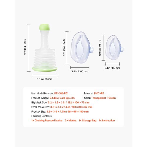 Choking Rescue Device, Portable Airway Clear Anti Choking Suction Device with 2 Multi-size Masks and 1 Storage Bag, First Aid Kit for Removing Blocked Objects, for Home, School, Travel