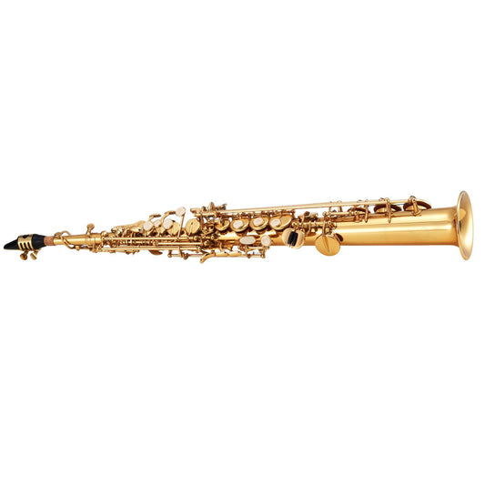 Straight Soprano Saxophone, B Flat, Brass Saxophone Beginner Kit with Carrying Case, Mouthpiece, Cleaning Cloth Rod, Gloves, Neck Strap, 23 Keys Soprano Sax Kit, for Beginners Students, Gold