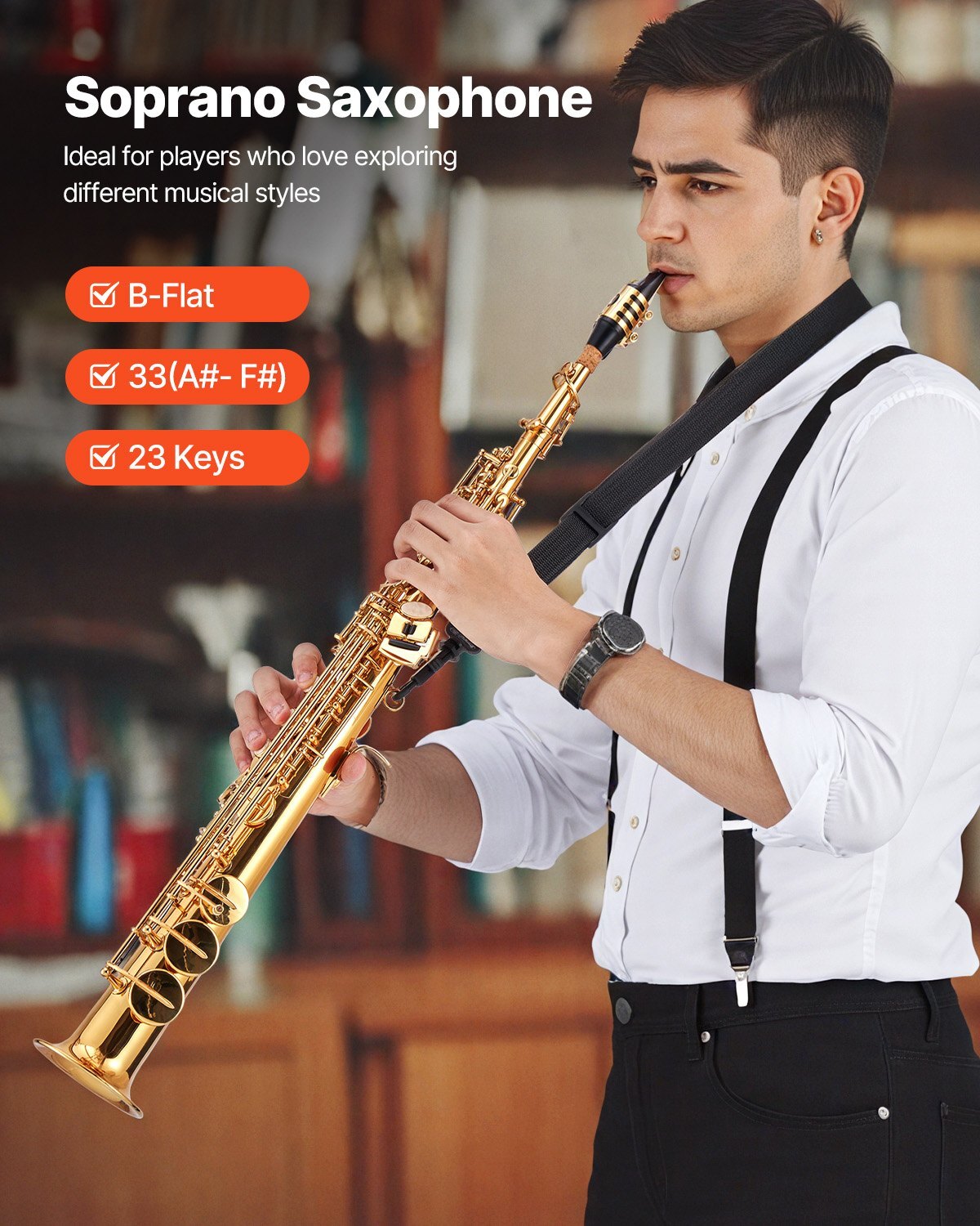 Straight Soprano Saxophone, B Flat, Brass Saxophone Beginner Kit with Carrying Case, Mouthpiece, Cleaning Cloth Rod, Gloves, Neck Strap, 23 Keys Soprano Sax Kit, for Beginners Students, Gold