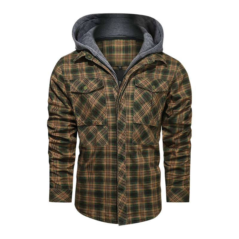 Men Long-sleeved Plaid Jacket Regular Fit Fleece Detachable Hoodies Jackets
